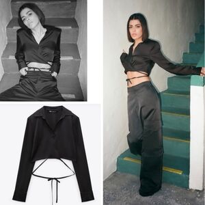 Zara Satin Effect Cropped Tie Front Blouse Top Black Size S